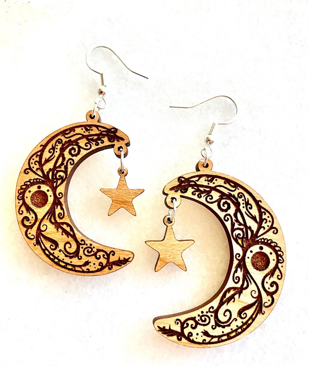 Moon and Star Wood/Sterling Silver Earrings